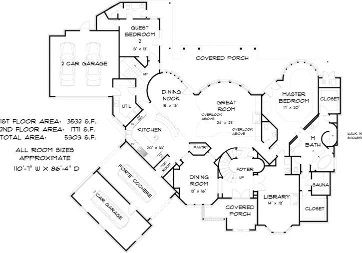 Tudor house plans: Tudor house plan floor layout with a great room, library, master bedroom, and two-car garage | Monster House Plans