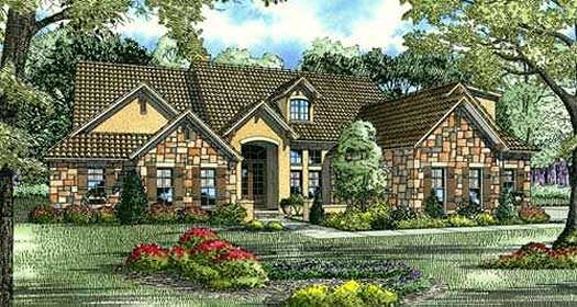 Tuscan house plans: Tuscan house plan exterior with a stone and stucco facade, tile roof, and arched openings | Monster House Plans