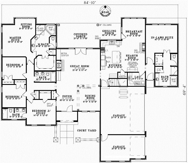 Tuscan house plans: Tuscan house plan floor layout with a great room, courtyard, and split bedroom wings | Monster House Plans
