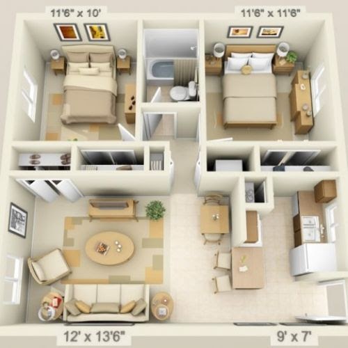 Two Bedroom Homes house plans: Three-dimensional two bedroom house plan showing furnished bedrooms, bathroom, and | Monster House Plans