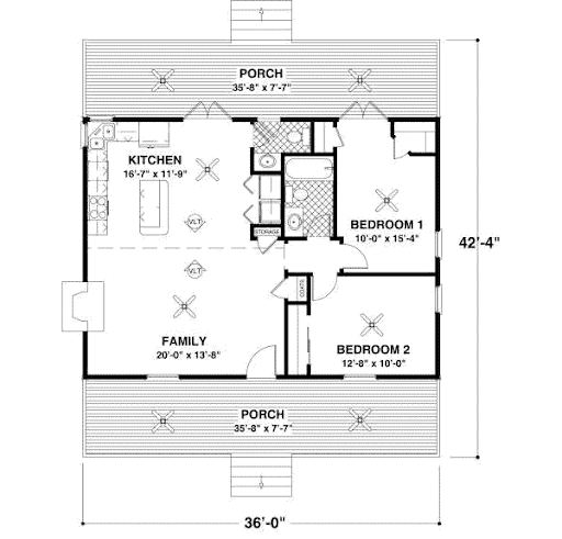 Two Bedroom Homes house plans: Two bedroom house plan floor layout with front and rear porches, a kitchen, and family | Monster House Plans