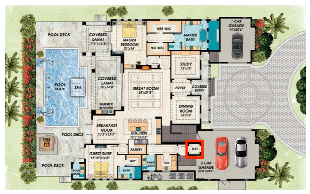 Two Story Homes house plans: Two story house plan main floor layout with a pool deck, covered lanai, and two-car | Monster House Plans