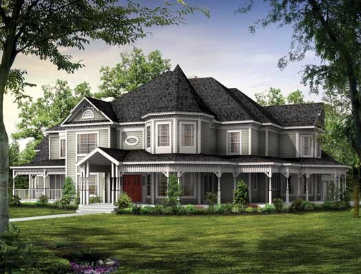 Victorian house plans: Victorian house plan exterior with a turret, decorative trim, and wraparound porch | Monster House Plans