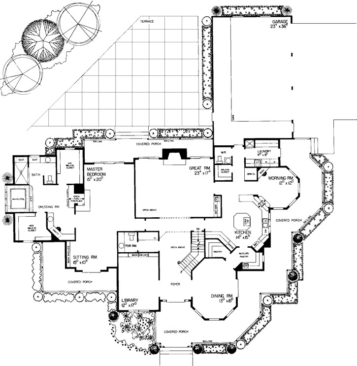 Victorian house plans: Victorian house plan floor layout with a parlor, great room, and covered porches | Monster House Plans