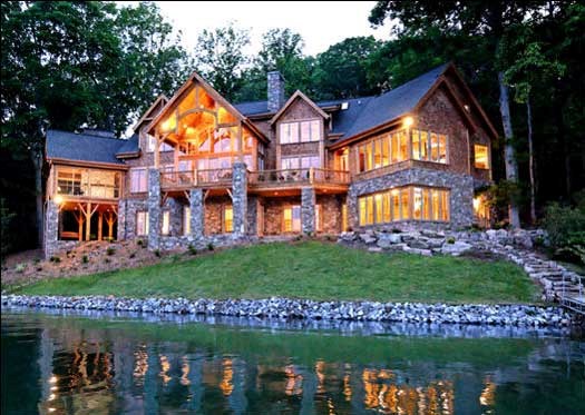 Waterfront house plans: Waterfront house plan exterior with a stone and timber facade, multiple decks, and a lakeside | Monster House Plans