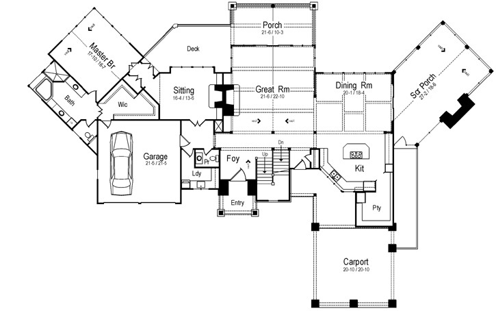Waterfront house plans: Waterfront house plan floor layout with a great room, screened porch, and carport | Monster House Plans