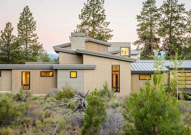 House plans - Modern house plan exterior with mixed siding, clerestory windows, and a wooded setting | Monster House Plans